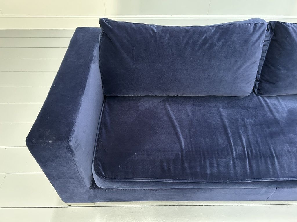 3900.0 Ligne Roset “Rive Gauche” 3 Seat Sofa & Ottoman – In Midnight Blue Velvet photo