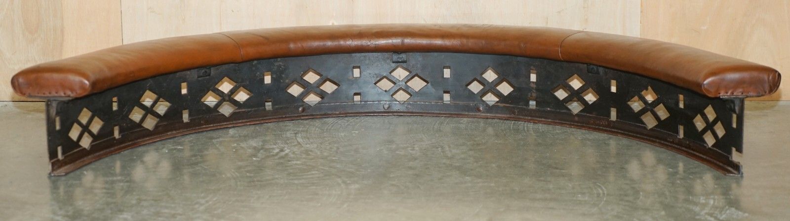 photo vintage Rare Demi Lune Antique Victorian Brown Leather Club Fender With Pierced Metal