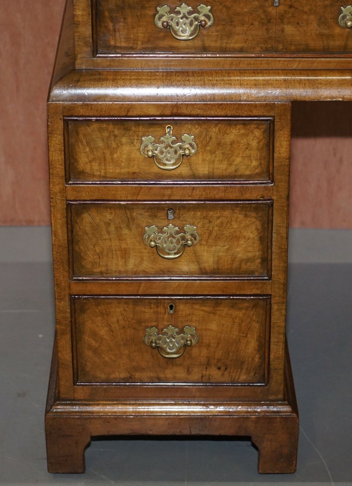 Late Victorian Burl Walnut Cushion Curve Pedestal Desk Brown Leather Surface photo buy
