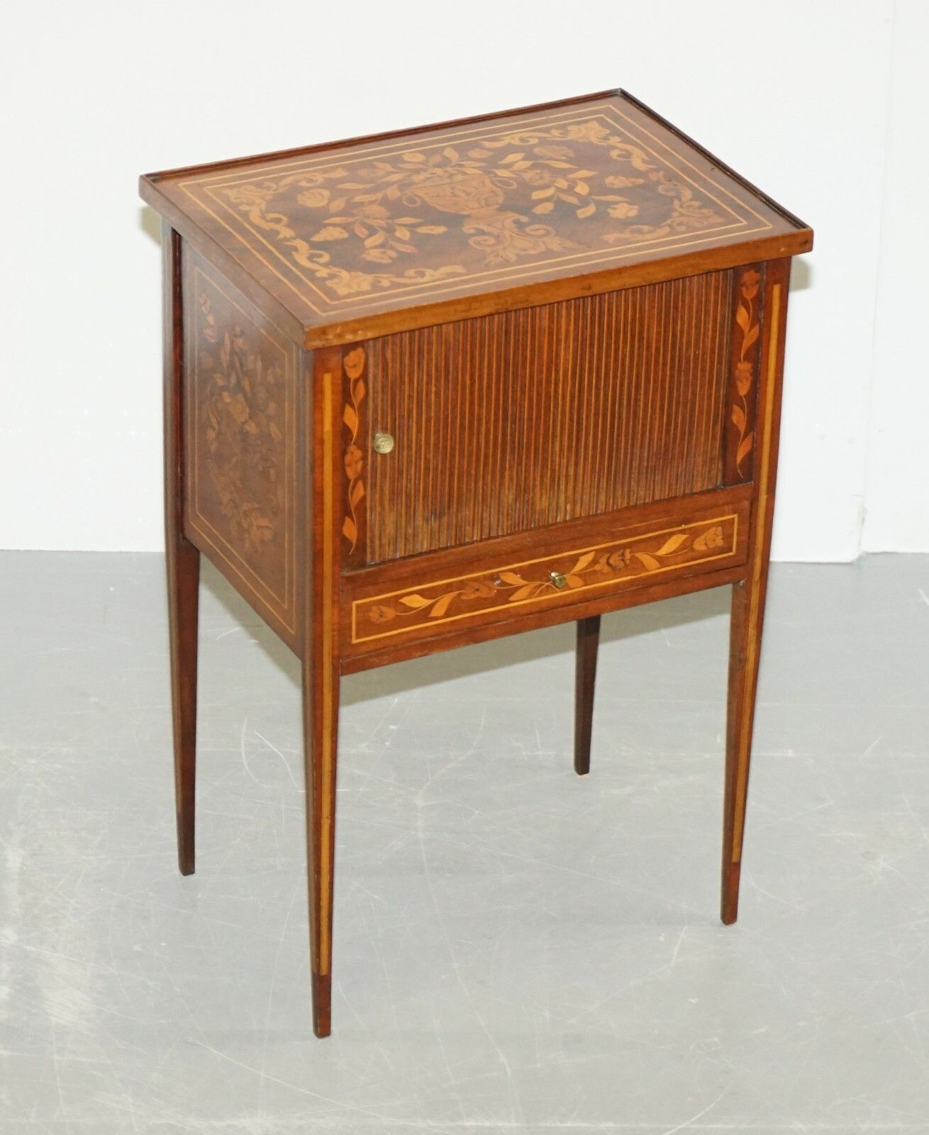 Rare 19th Century Dutch Marquetry Inlaid Side Table With Tambour Fronted Door photo furniture
