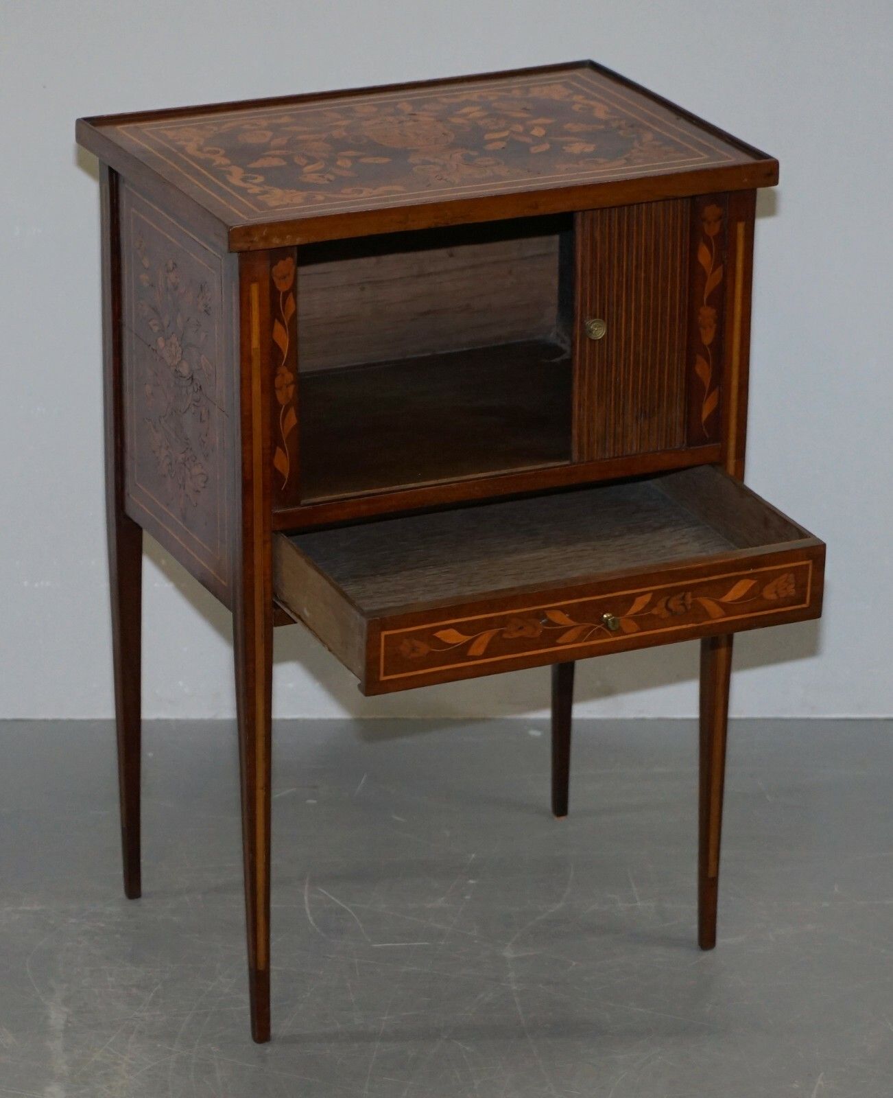 Furniture Rare 19th Century Dutch Marquetry Inlaid Side Table With Tambour Fronted Door photo