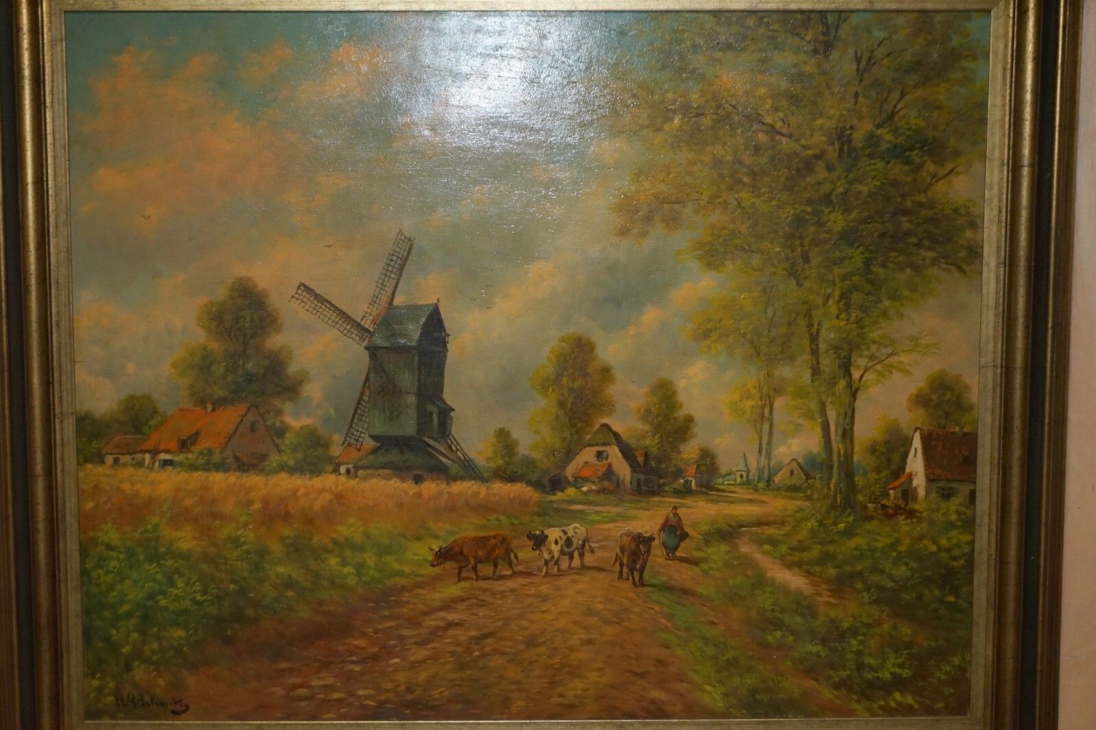 Massive Antique Flemish Oil Painting Signed Jihuitog Circa 1880 Rural Scene photo vinterior