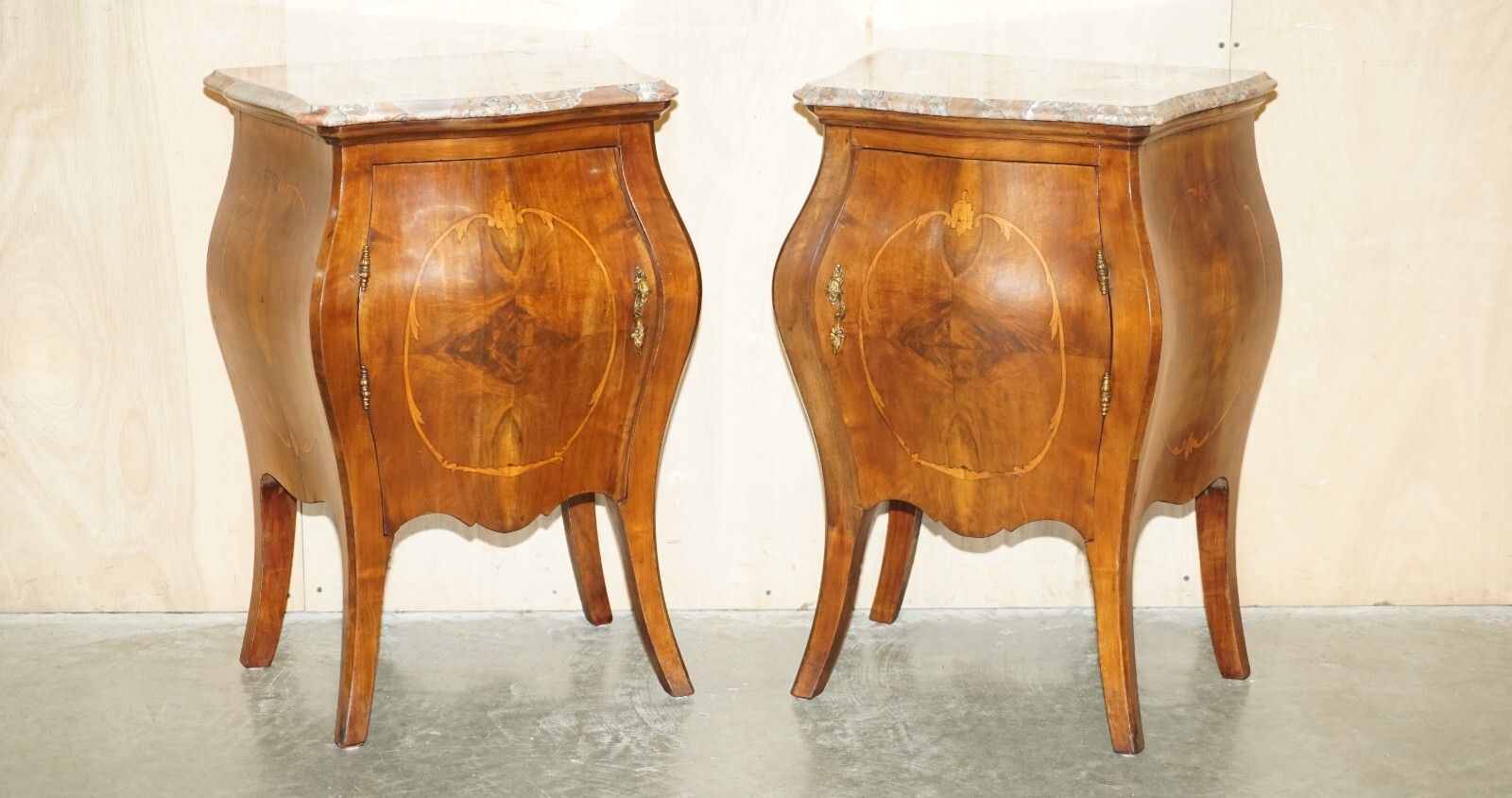 Fine Pair Of Antique  1880 Italian Marble Top Bombe Nightstand Side Table Chest photo furniture