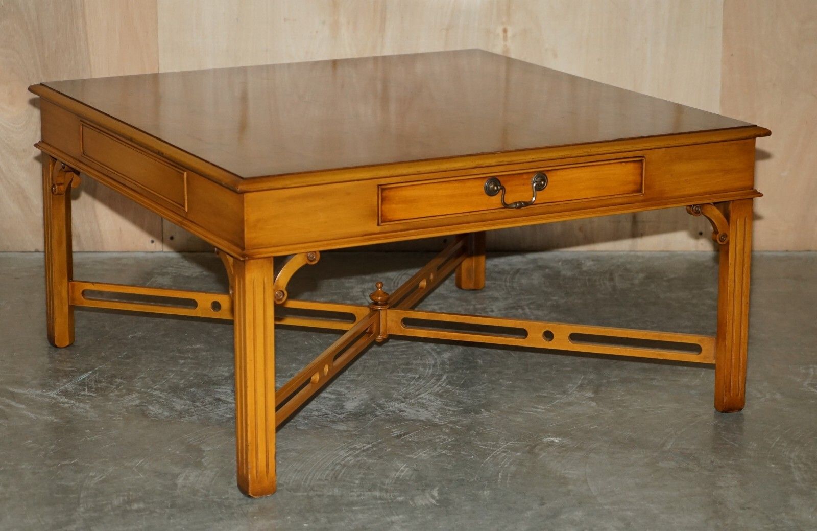 Lovely Burr Yew Wood Two Drawer Coffee Table With Thomas Chippendale Stretches photo furniture