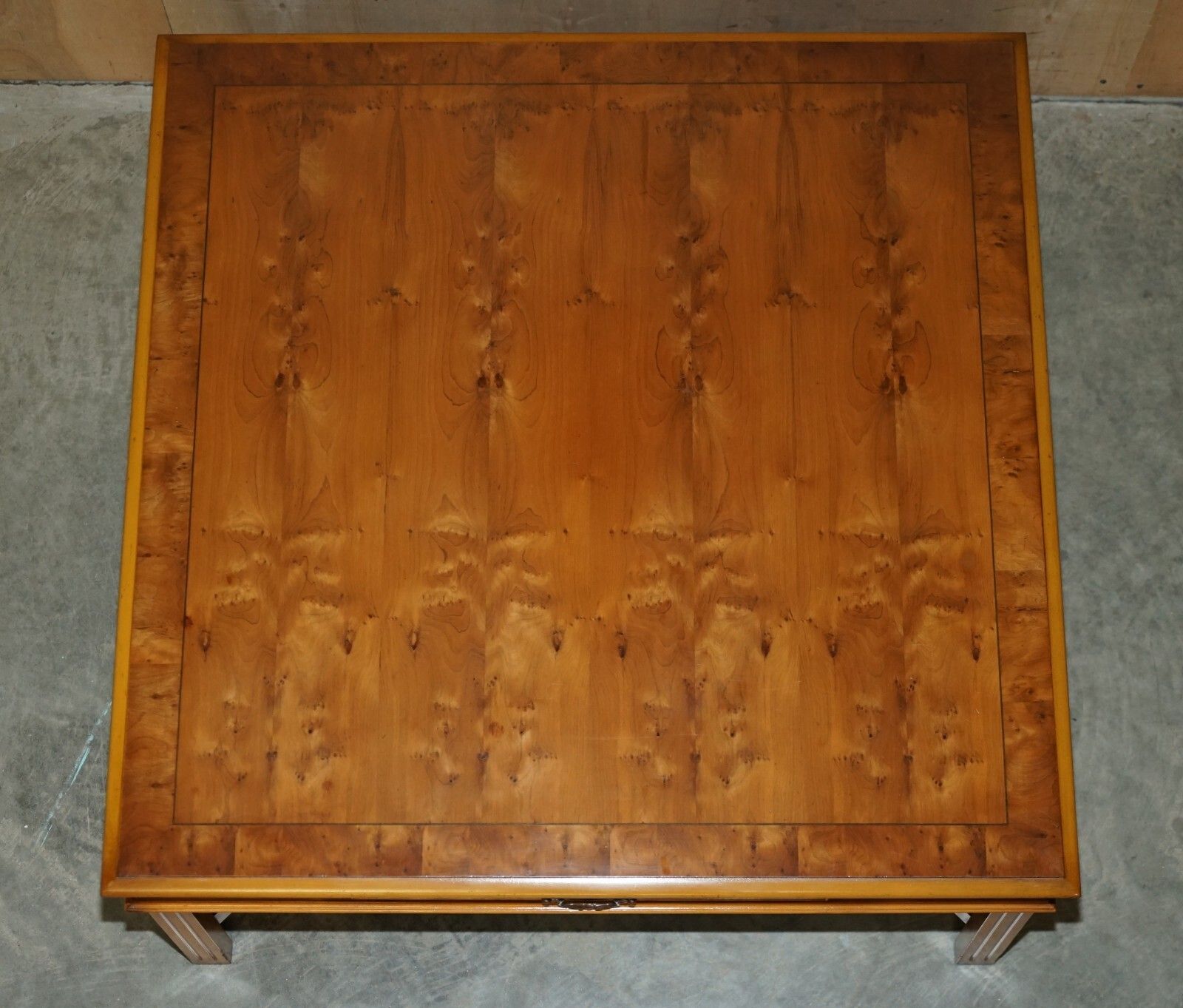 2350.0 Lovely Burr Yew Wood Two Drawer Coffee Table With Thomas Chippendale Stretches photo