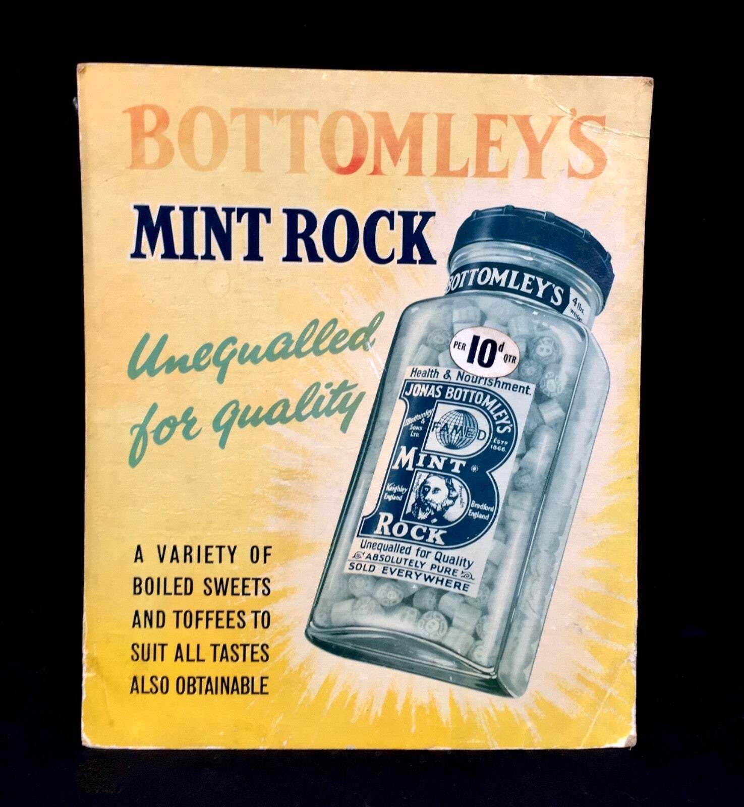 Antique Advertising Showcard / Shop Display Bottomley's Mint Rock Sign C.1940 photo furniture
