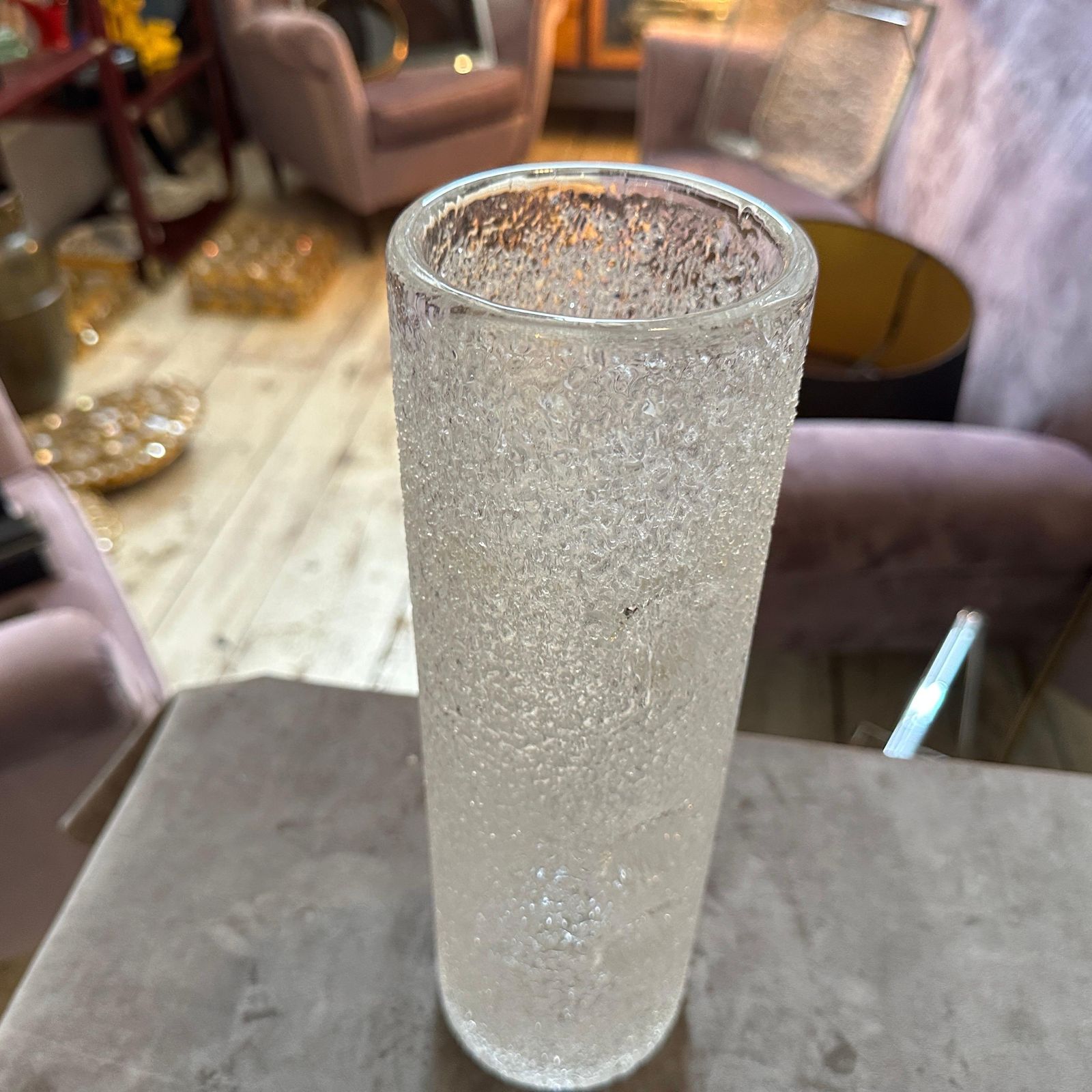 photo vinterior 1980s Brutalist Clear Glass Cylinder Vase By Jan Gabrhel