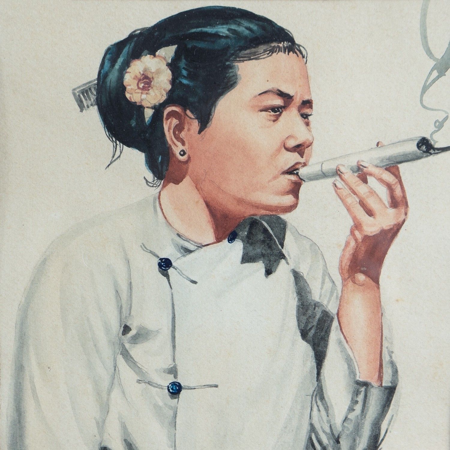 Portrait Of A Woman Smoking By Yatanabon Maung Su, Original Watercolour Painting photo for sale