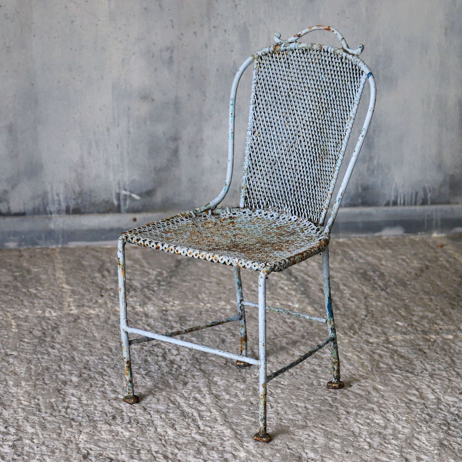 19th C French Wrought Iron Child’s Chair, Late 1800s   Original Soft Blue Paint photo furniture