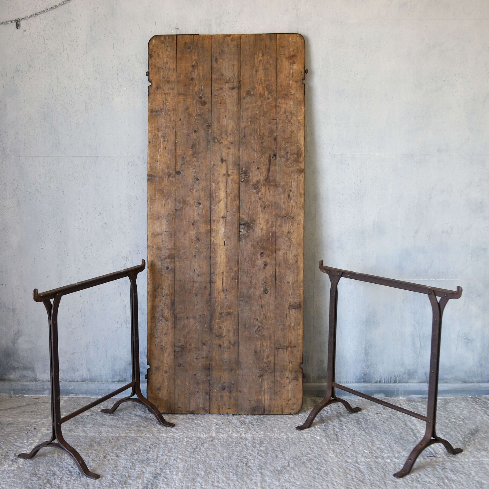 Furniture Early 20th Century Pine And Iron Trestle Work Table   England, Circa 1900 photo