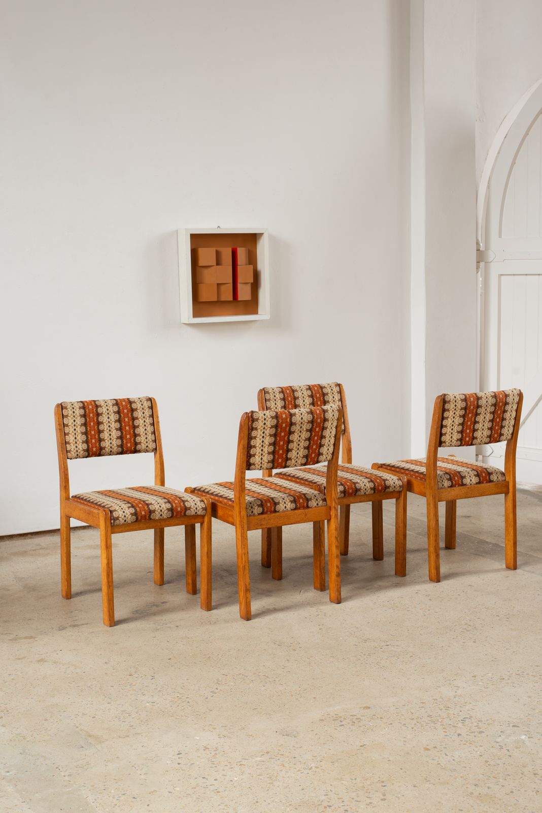 Set Of 4 Pine Chairs With Original Wool Upholstery, C1960 photo for sale