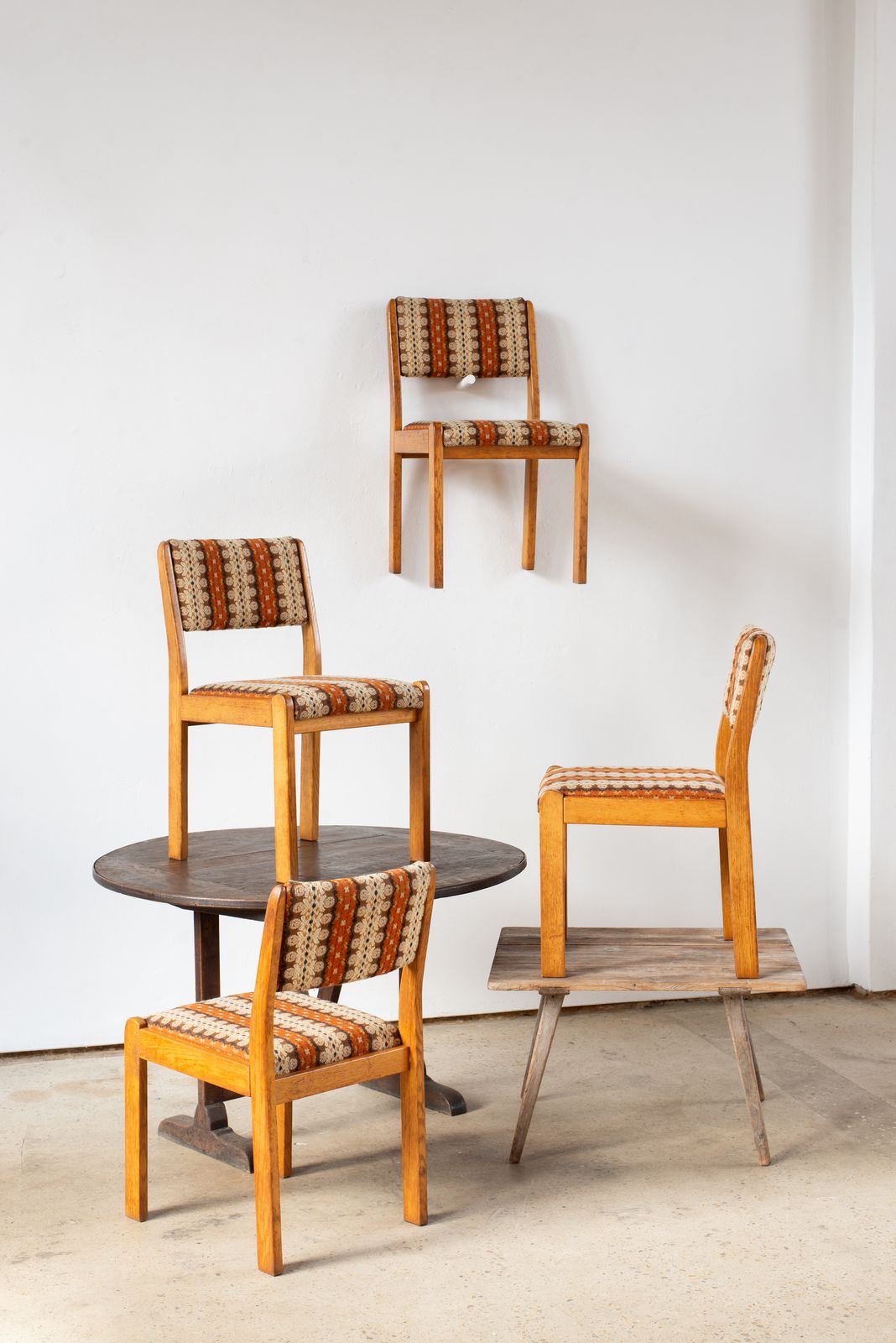 Set Of 4 Pine Chairs With Original Wool Upholstery, C1960 photo Furniture