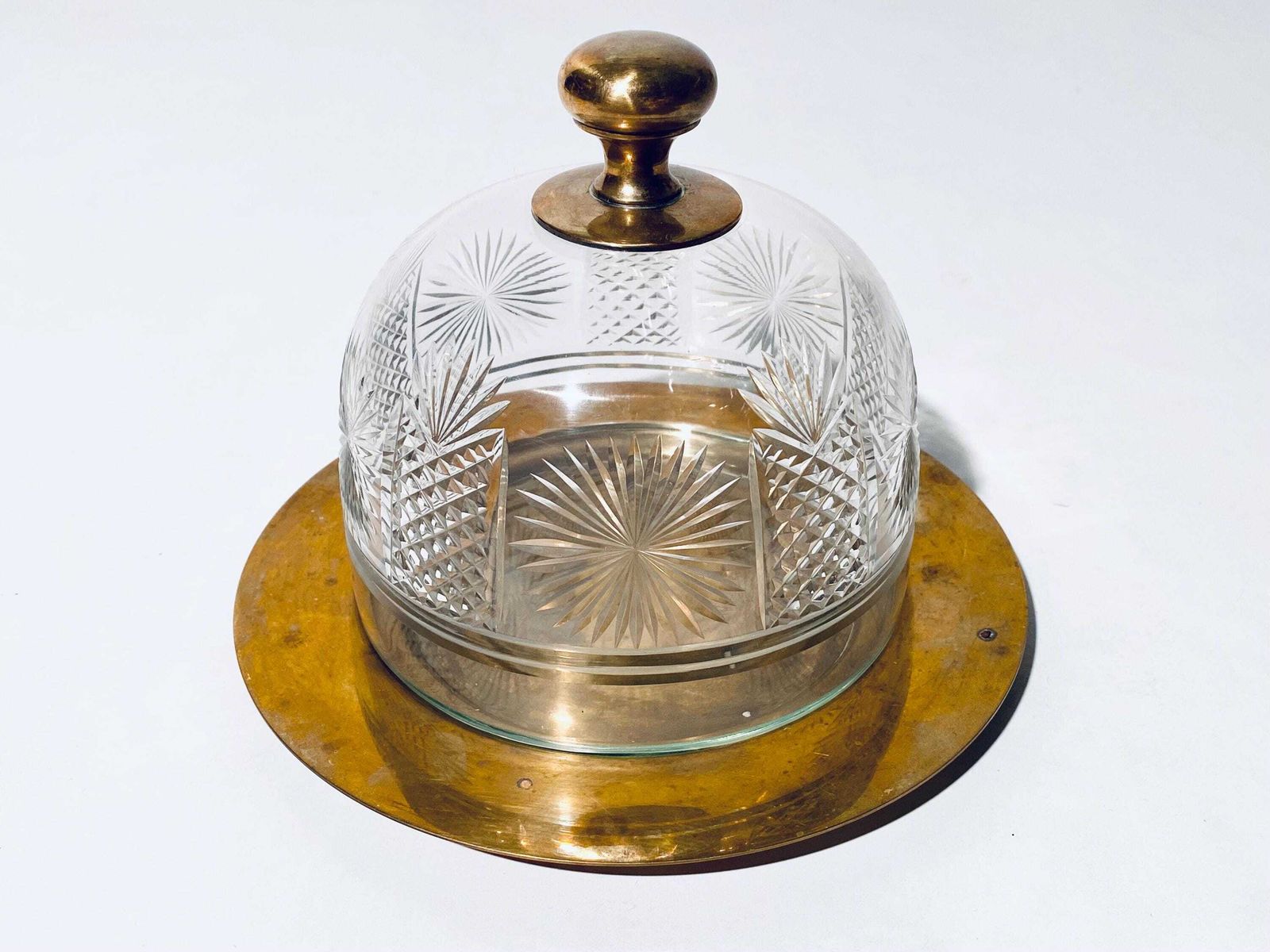Vintage Brass Cheese Bell With Crystal Glass Lid Serving Dome / 1960s Vintage Decor photo furniture