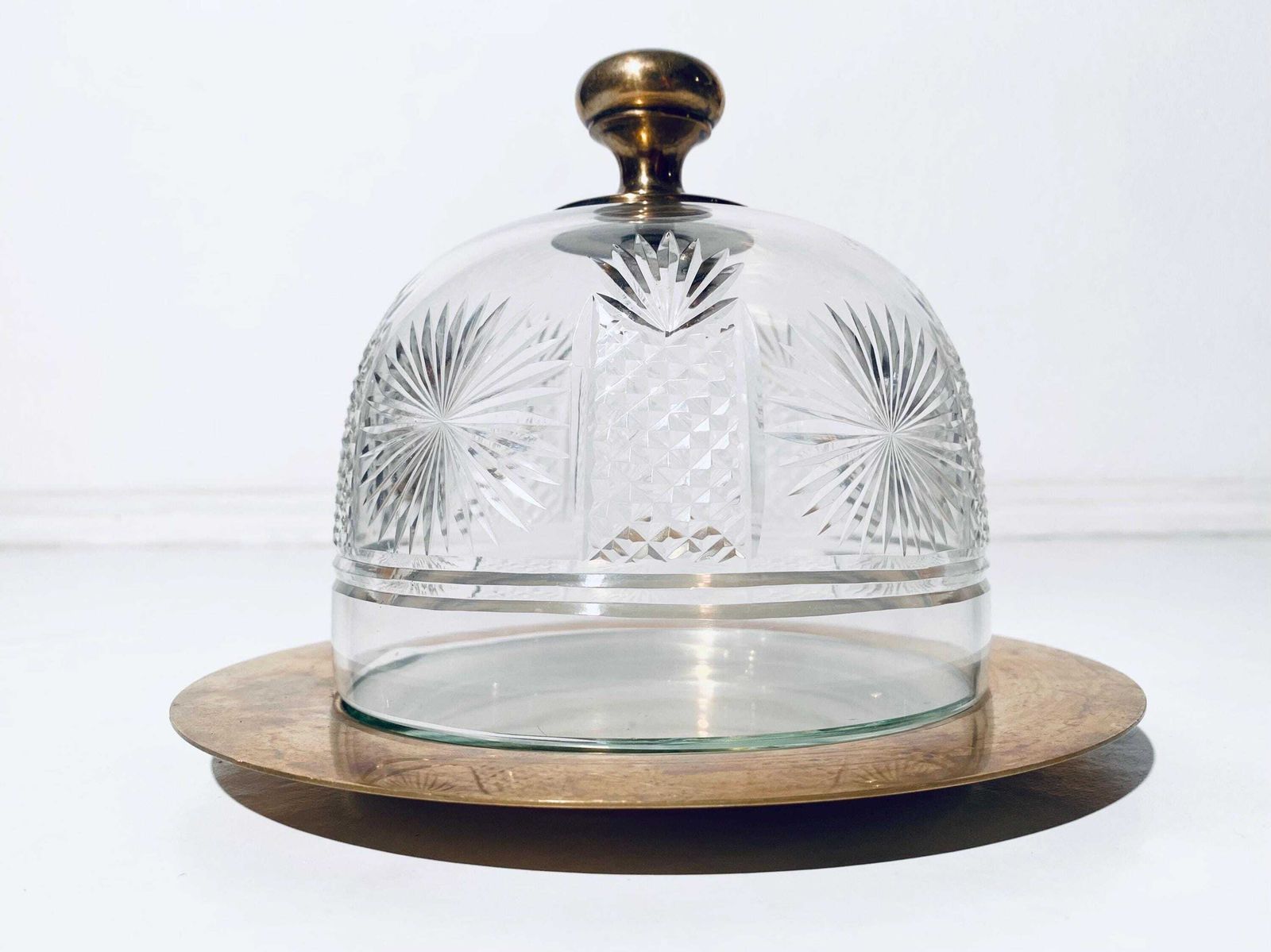 Vintage Brass Cheese Bell With Crystal Glass Lid Serving Dome / 1960s Vintage Decor photo for sale