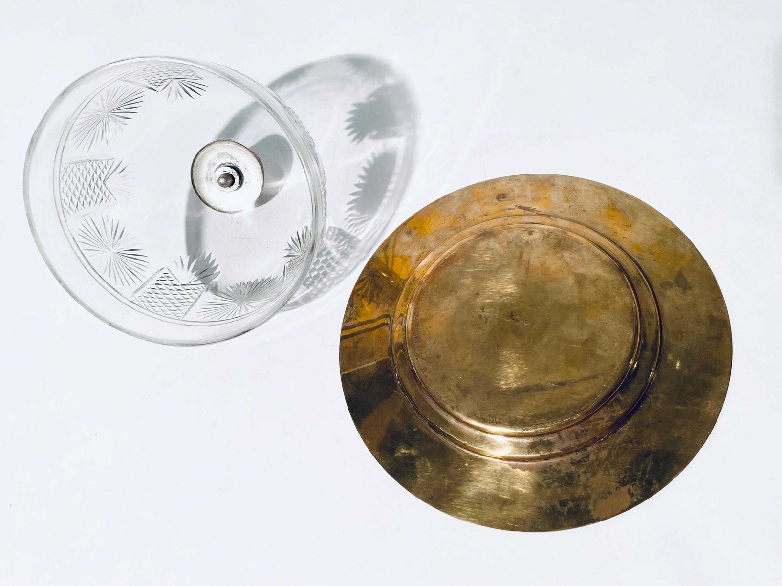 photo for sale Vintage Brass Cheese Bell With Crystal Glass Lid Serving Dome / 1960s Vintage Decor