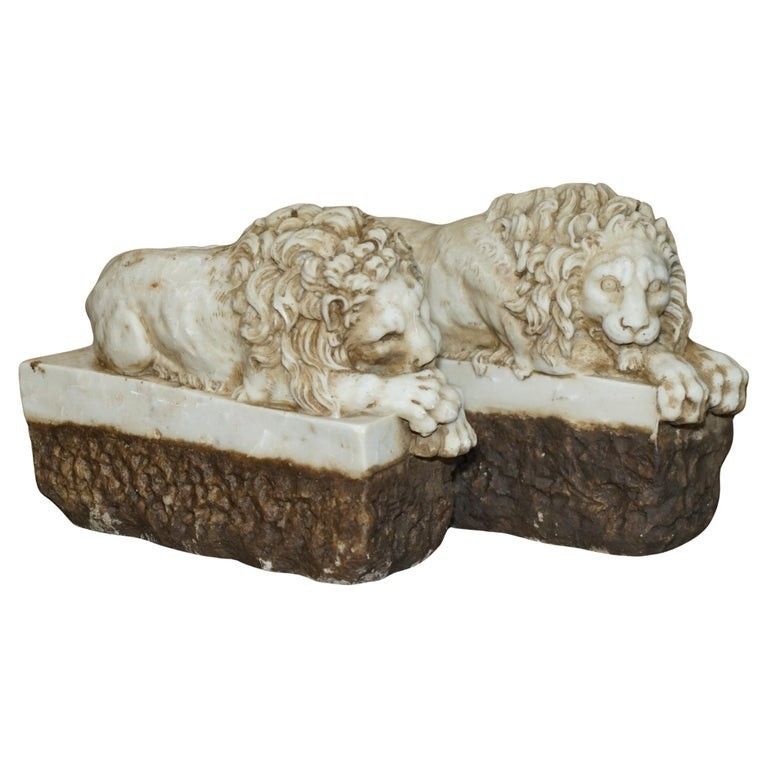 Fine Pair Of Antique 19th Century Italian Alabaster Lions After Antonio Canova