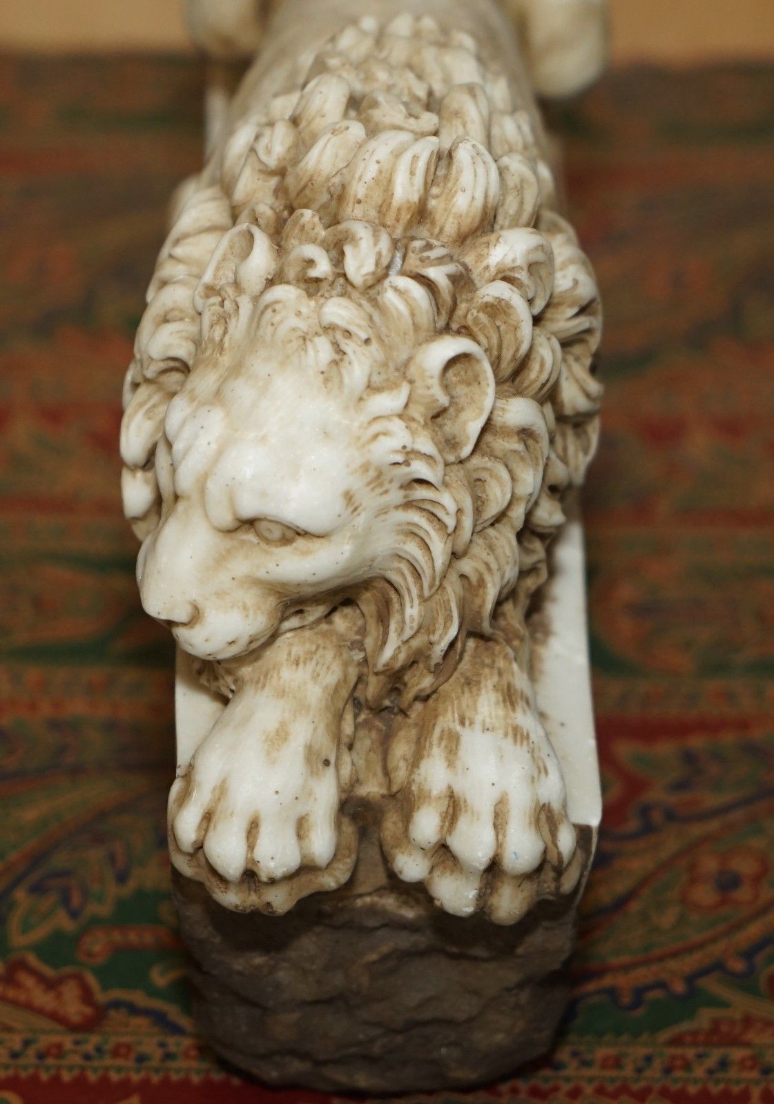 Art Fine Pair Of Antique 19th Century Italian Alabaster Lions After Antonio Canova photo