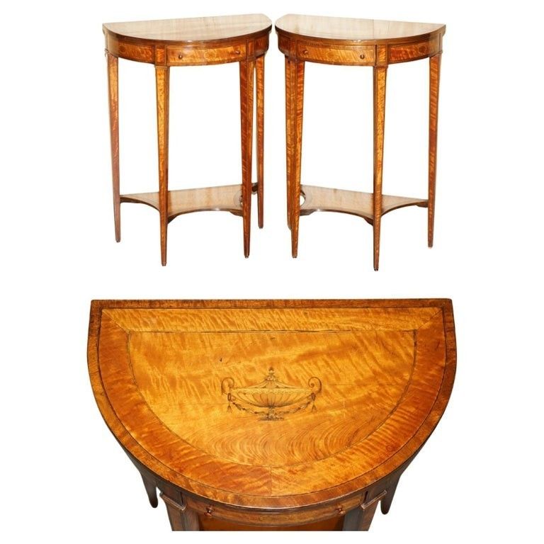 Important Pair Of Museum Quality Sheraton Satinwood Demi Lune Console Tables
