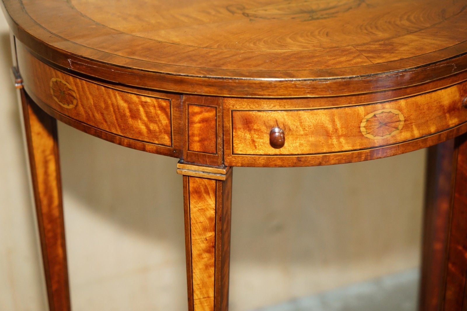 photo furniture Important Pair Of Museum Quality Sheraton Satinwood Demi Lune Console Tables