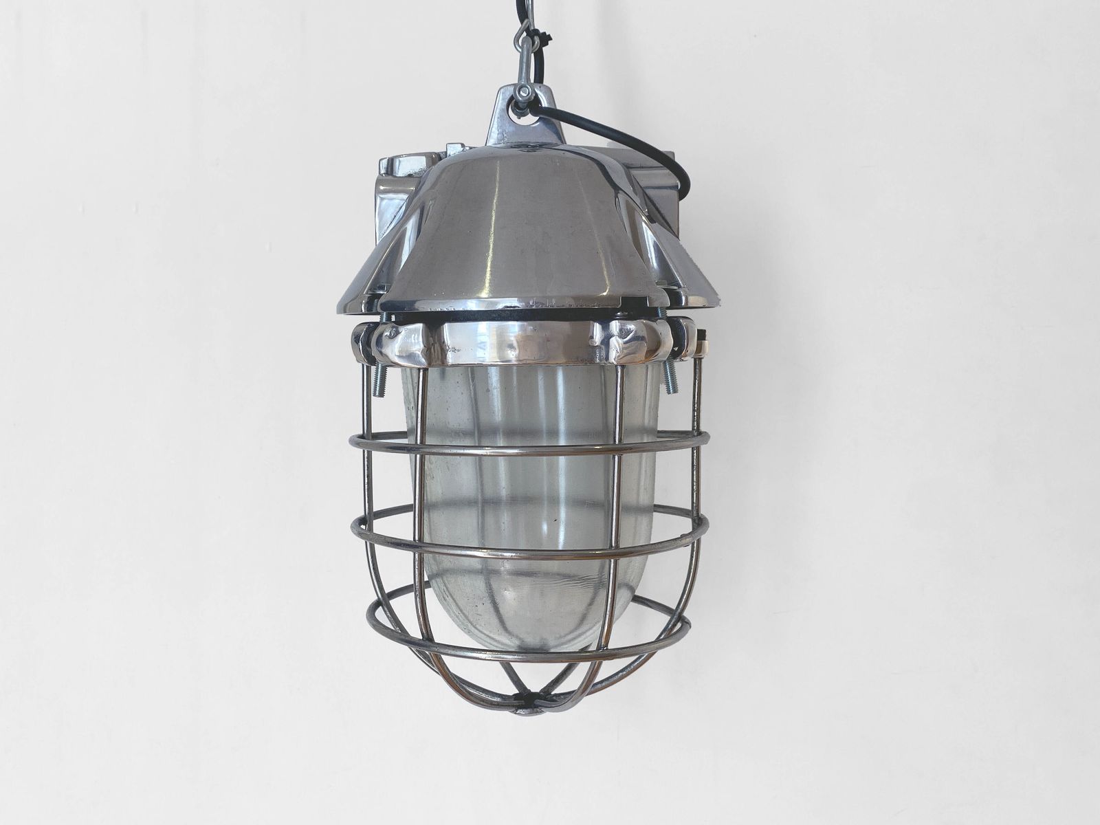 Large Industrial Cast Aluminium Cage Pendant Polish From Polam Wilkasy, 1970s      Explosion Proof Light