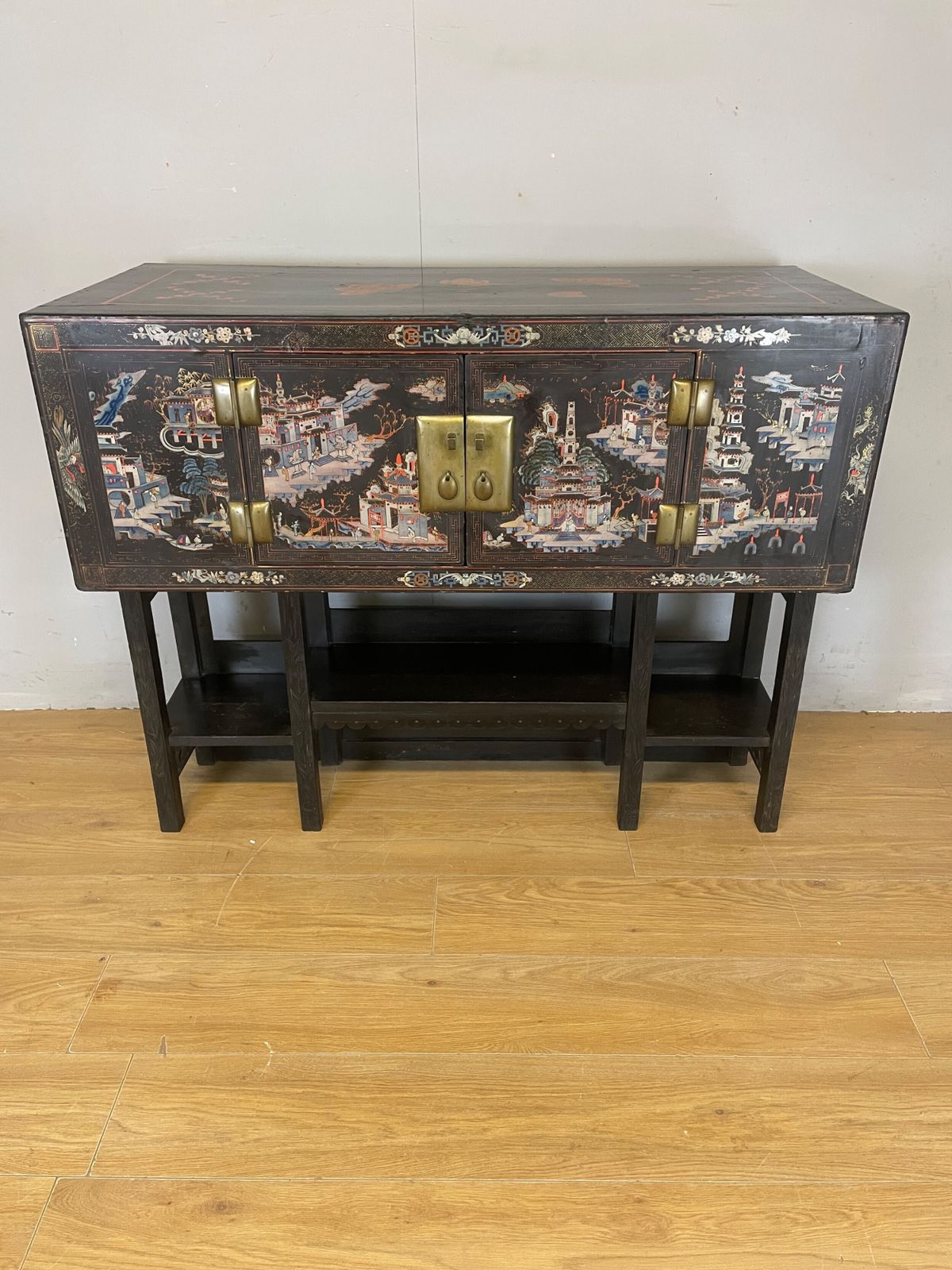 Antique Oriental Black Lacquered Cabinet On A Carved Stand Circa 1900 photo furniture
