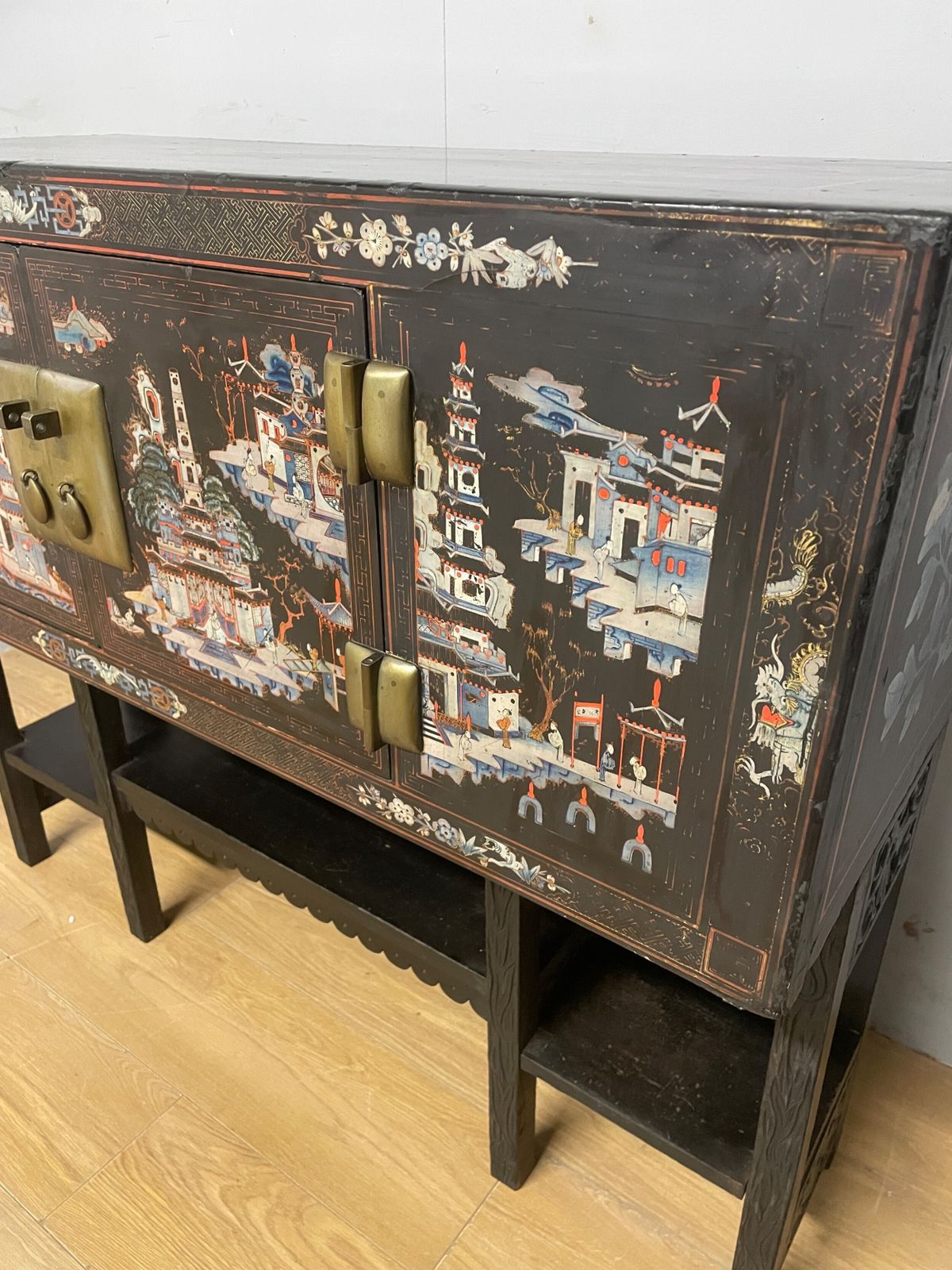 Antique Oriental Black Lacquered Cabinet On A Carved Stand Circa 1900 photo vinterior