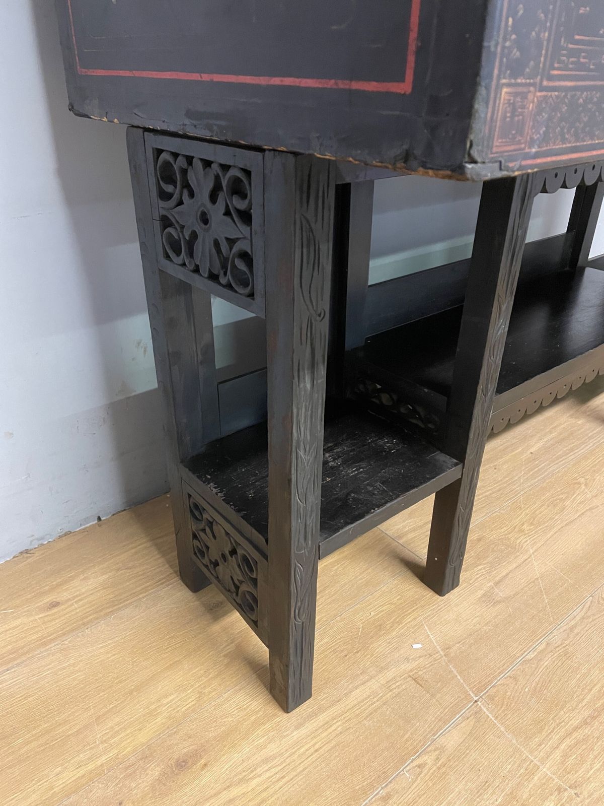 Antique Oriental Black Lacquered Cabinet On A Carved Stand Circa 1900 photo vintage