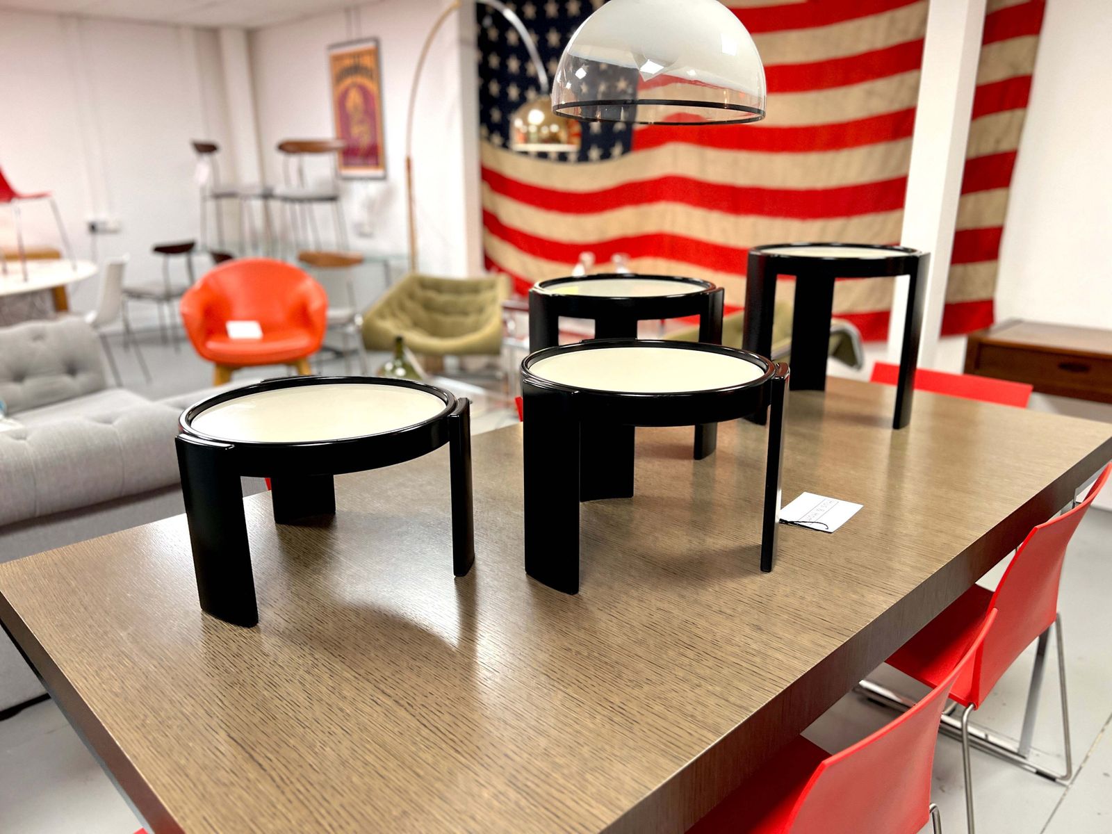 Cassina, Vintage Italian Nest Of 4 Tables With Cream Tops And Black Frames photo for sale