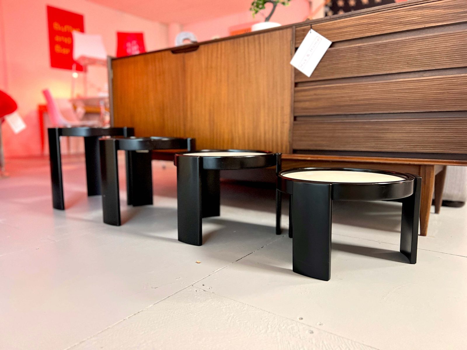 Cassina, Vintage Italian Nest Of 4 Tables With Cream Tops And Black Frames photo 2745.0