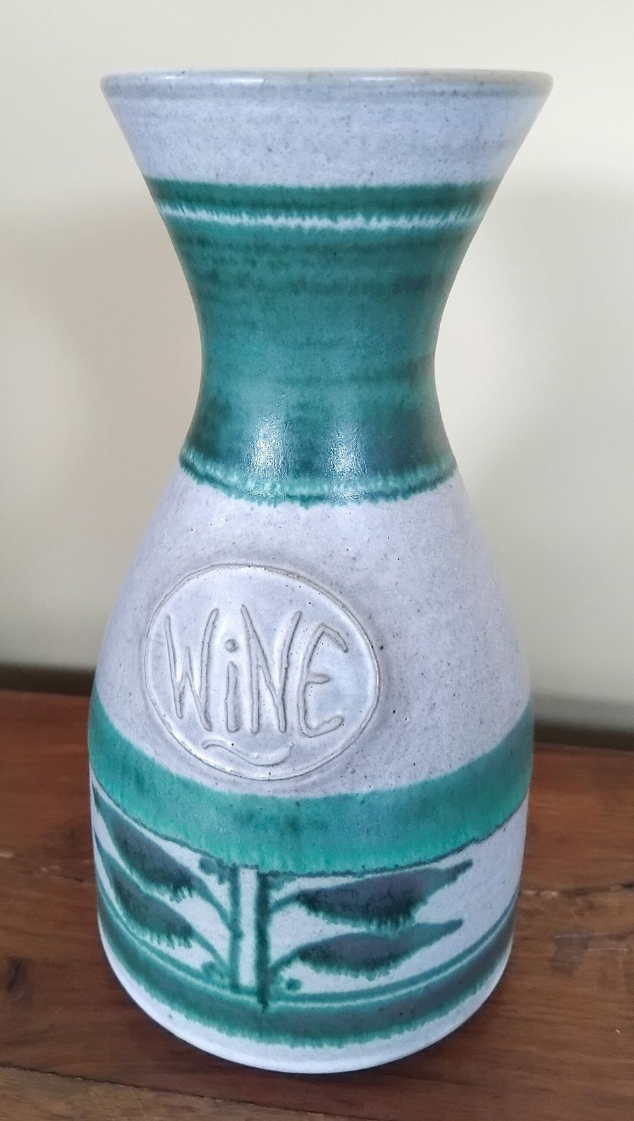 Vintage Stoneware Wine Carafe And 4 Goblets With Matte Glaze And Green Leaf Design, 1970s. photo vintage