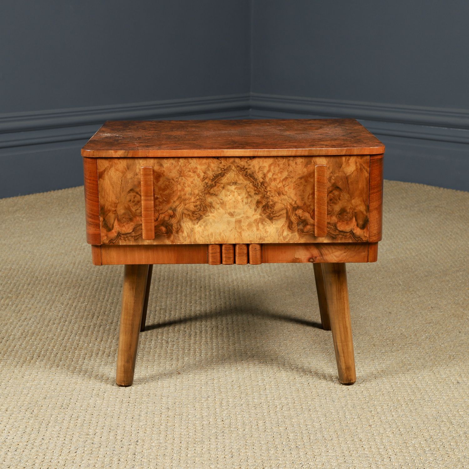 Small English Art Deco Burr Walnut Bedside / Side / Lamp Table With Drawer (Circa 1930) photo for sale