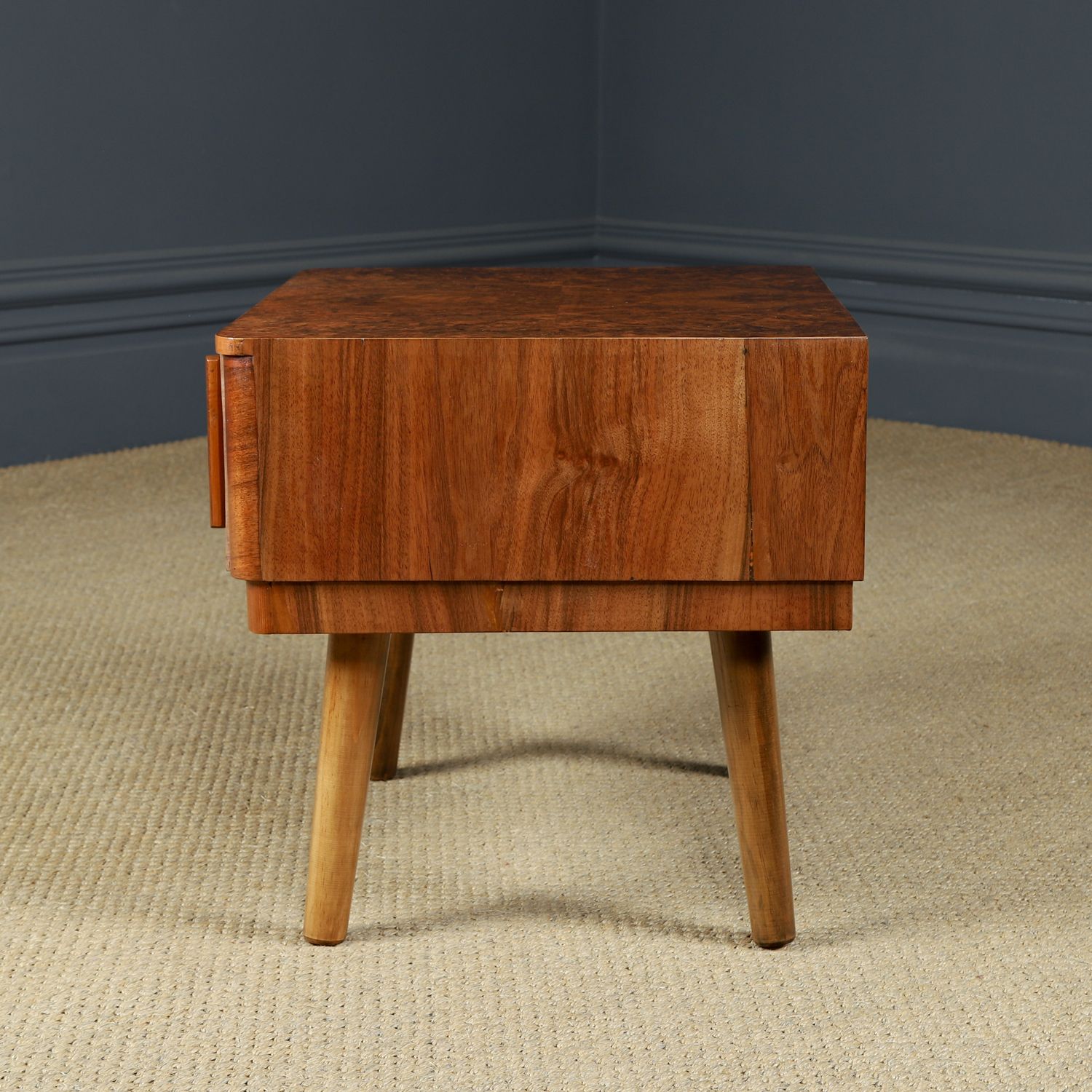 photo buy Small English Art Deco Burr Walnut Bedside / Side / Lamp Table With Drawer (Circa 1930)
