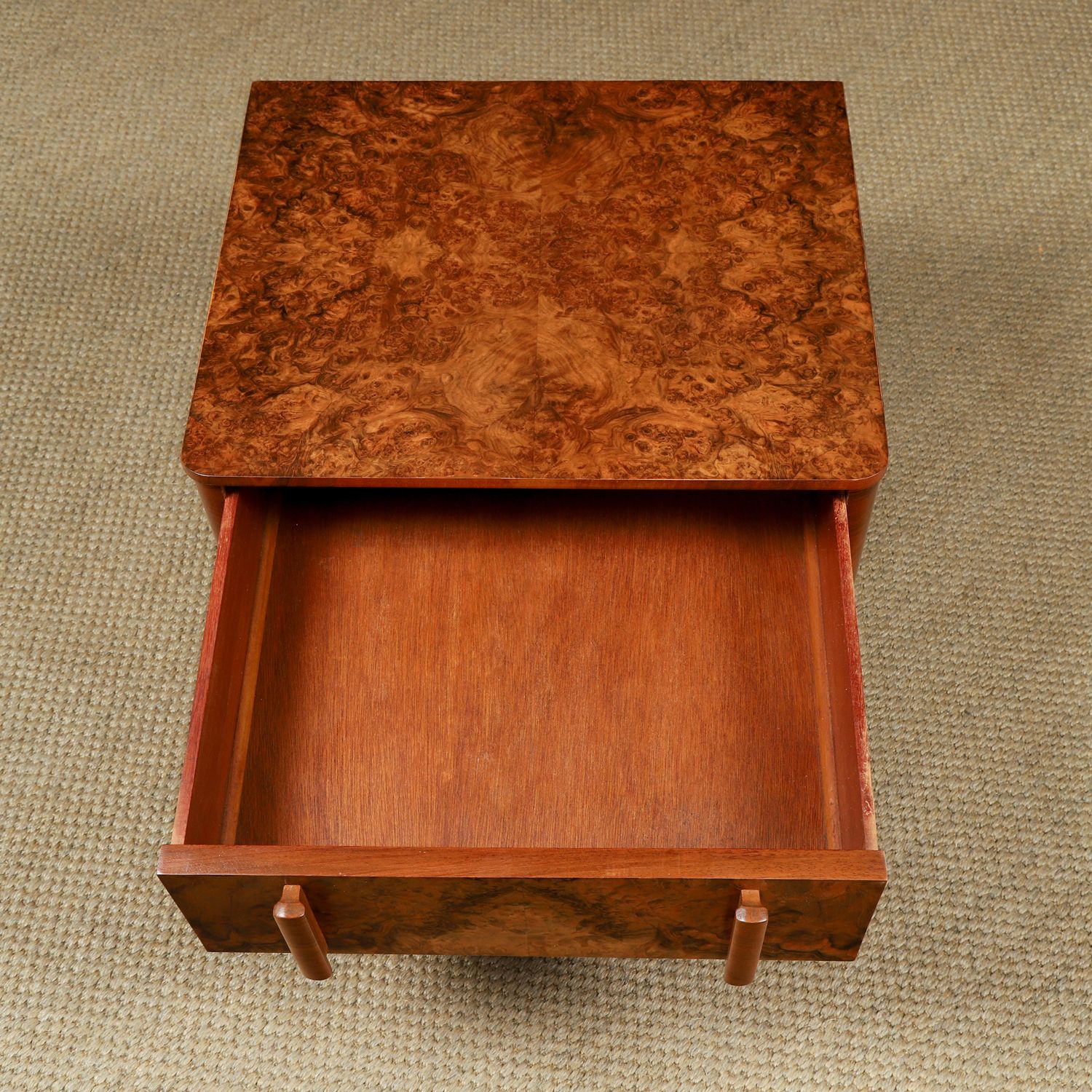 photo for sale Small English Art Deco Burr Walnut Bedside / Side / Lamp Table With Drawer (Circa 1930)