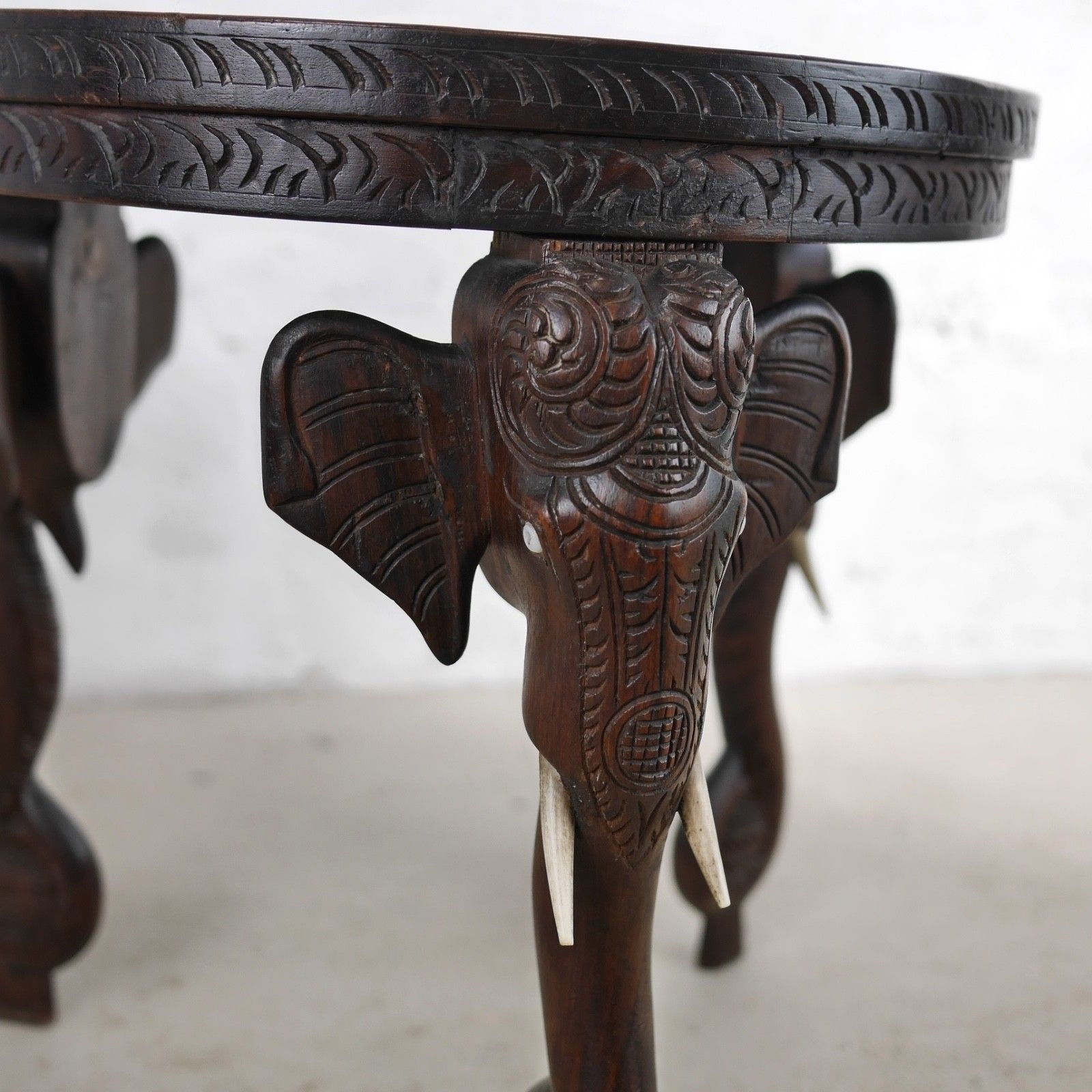 455.0 Antique Bermese Carved Hardwood Elephant Side Table Stand #102992 photo