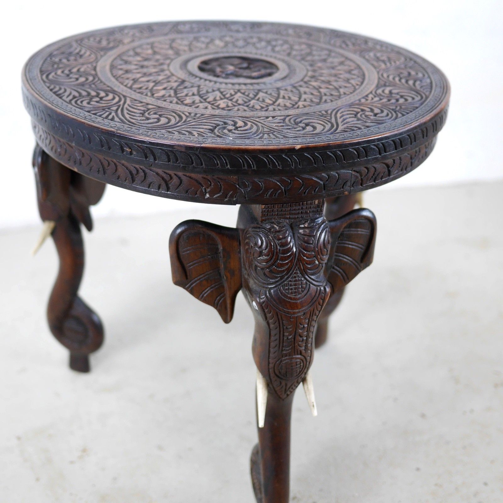 photo vintage Antique Bermese Carved Hardwood Elephant Side Table Stand #102992