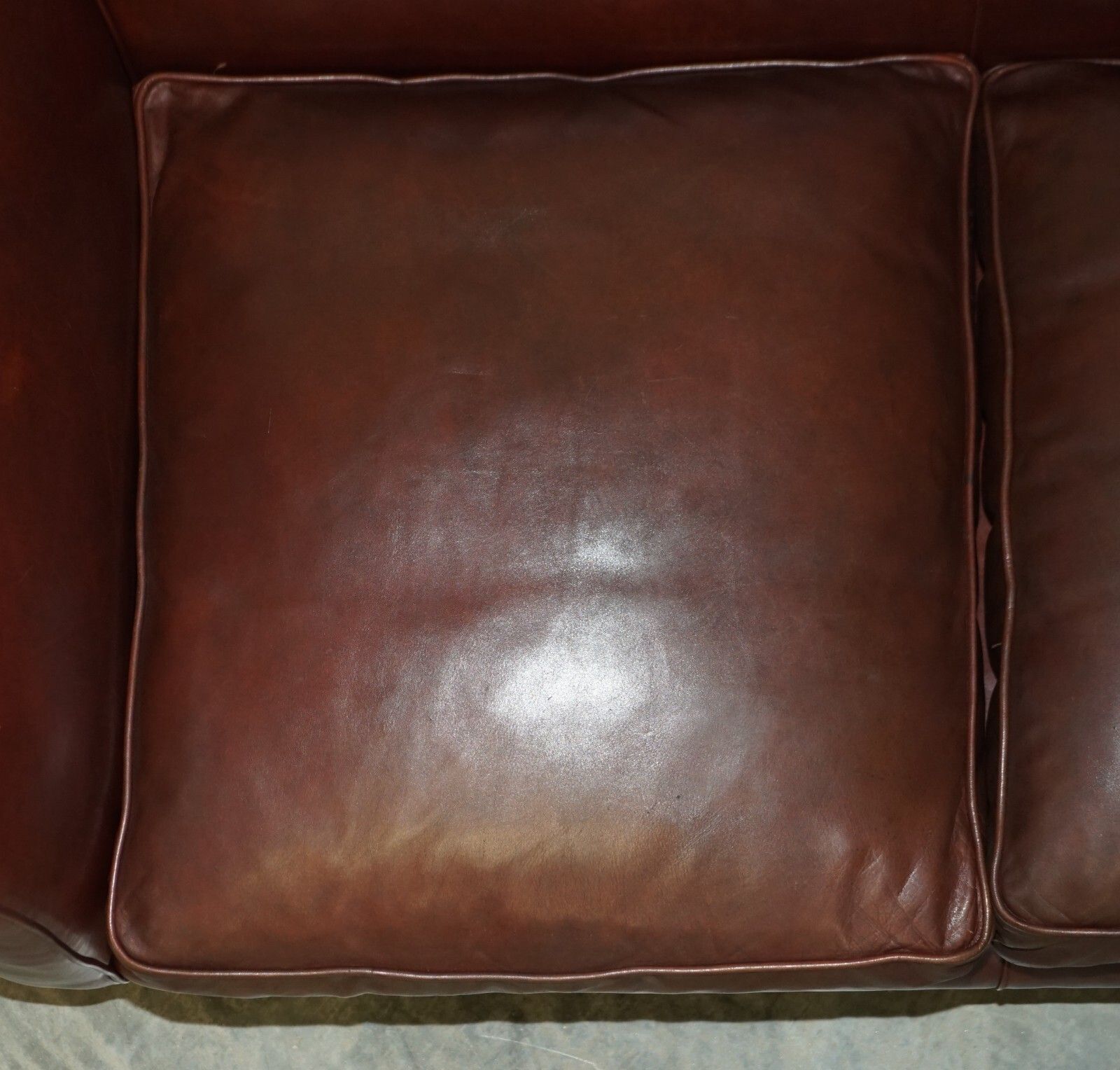 photo buy Vintage Hand Dyed Brown Leather Art Deco Three Seat Sofa Feather Filled Seat