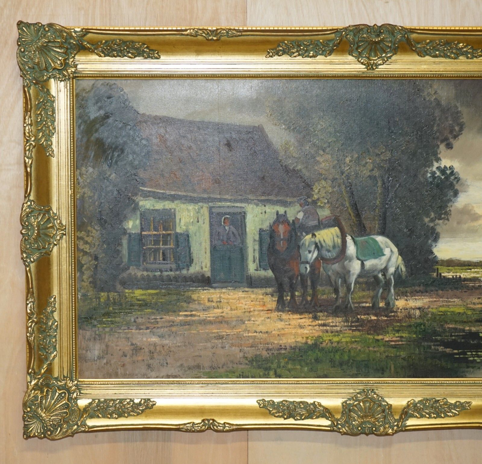 Extra Large 159x94cm H. Verbeelk Signed Oil Painting Of A Rural Scene With Horse photo for sale