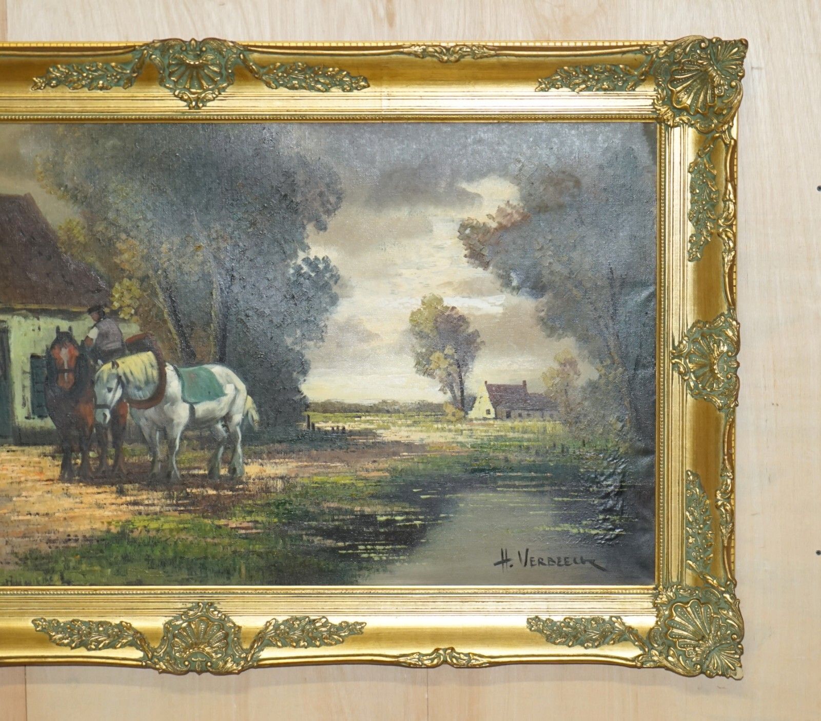 photo furniture Extra Large 159x94cm H. Verbeelk Signed Oil Painting Of A Rural Scene With Horse