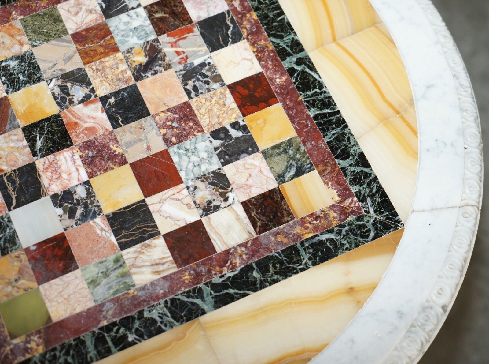 Antique Italian Circa 1880 Pietra Dura Marble Chess Table Ornate Mahogany Base photo vinterior