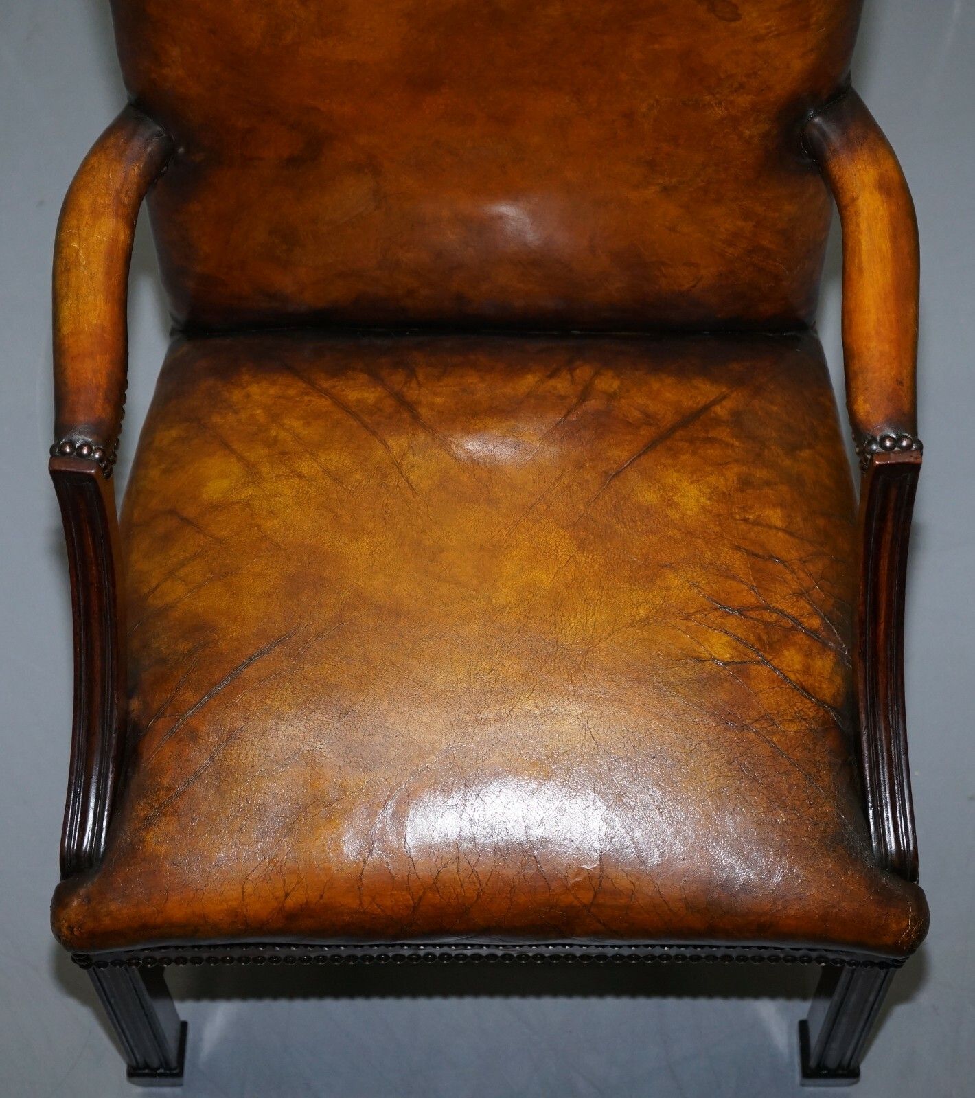Lovely Early 19th Century Restored Gainsborough Carver Armchair In Brown Leather photo 2250.0