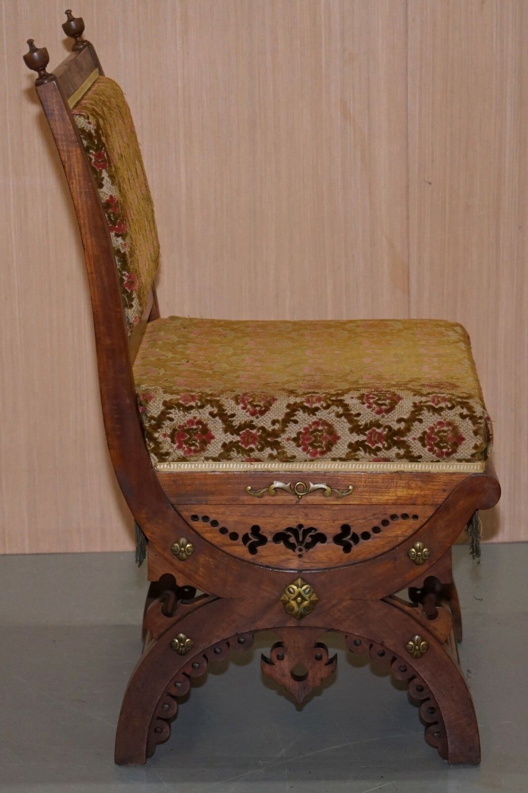 Rare Set Of Six Gothic Revival Ornately Carved Walnut Gilt Metal Fittings Chairs photo buy