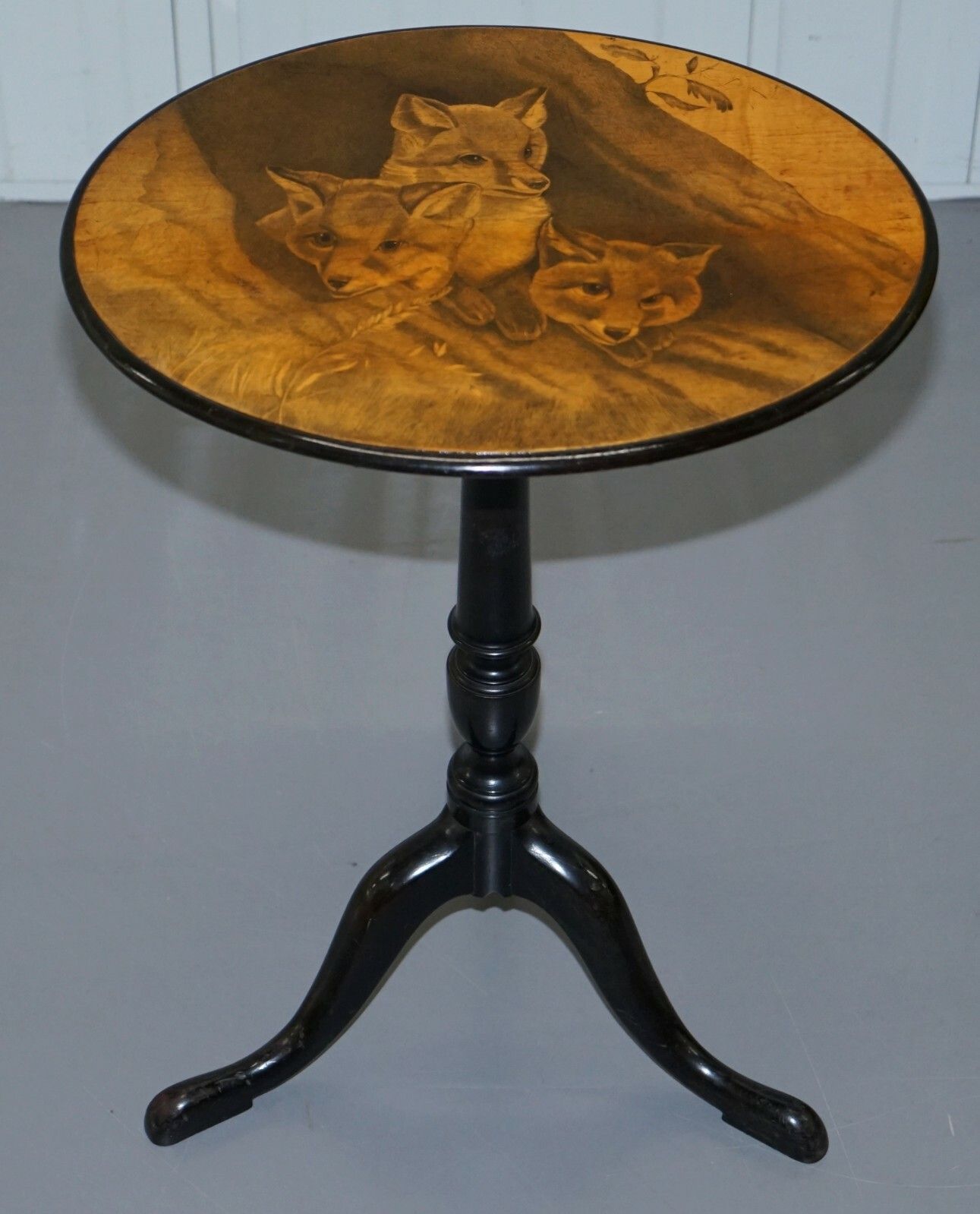 Very Rare Victorian Tilt Top Ebonised Table With Pen Work Drawings Of Fox Cubs photo for sale