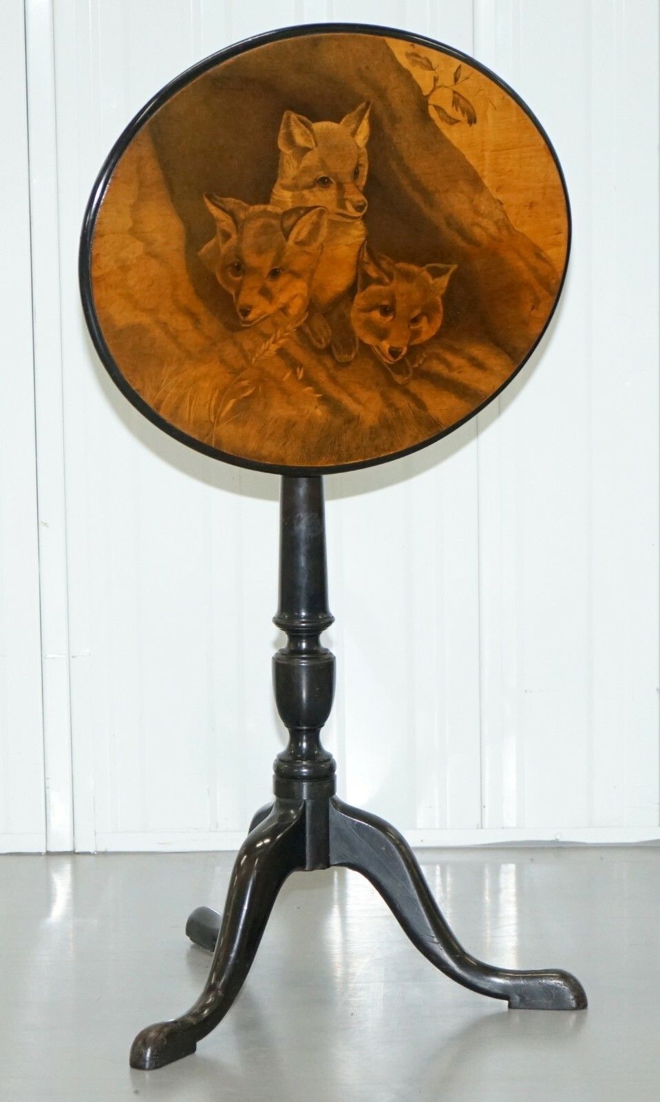Very Rare Victorian Tilt Top Ebonised Table With Pen Work Drawings Of Fox Cubs photo 2162.0