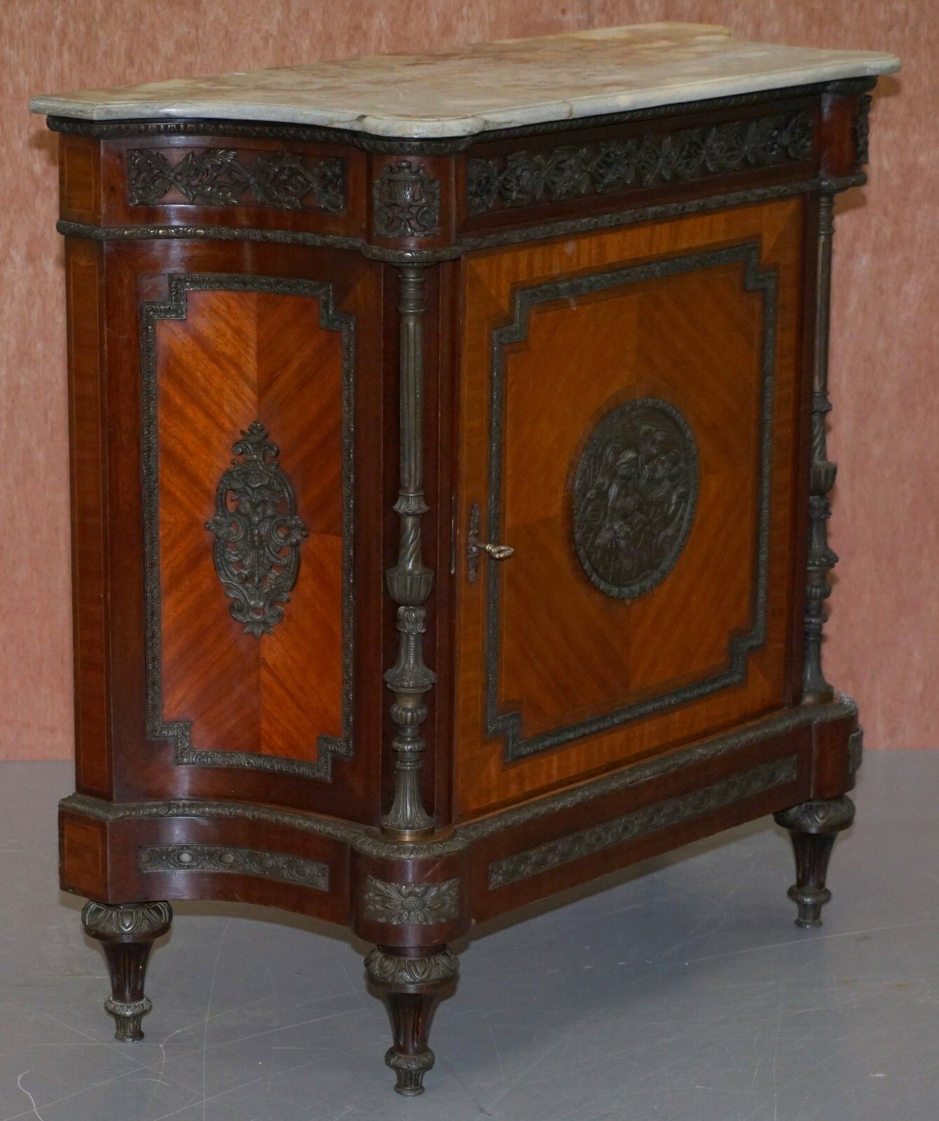 photo for sale Rare 19th Century French Louis Walnut Sideboard Drawers Marble Top Bronze Mounts