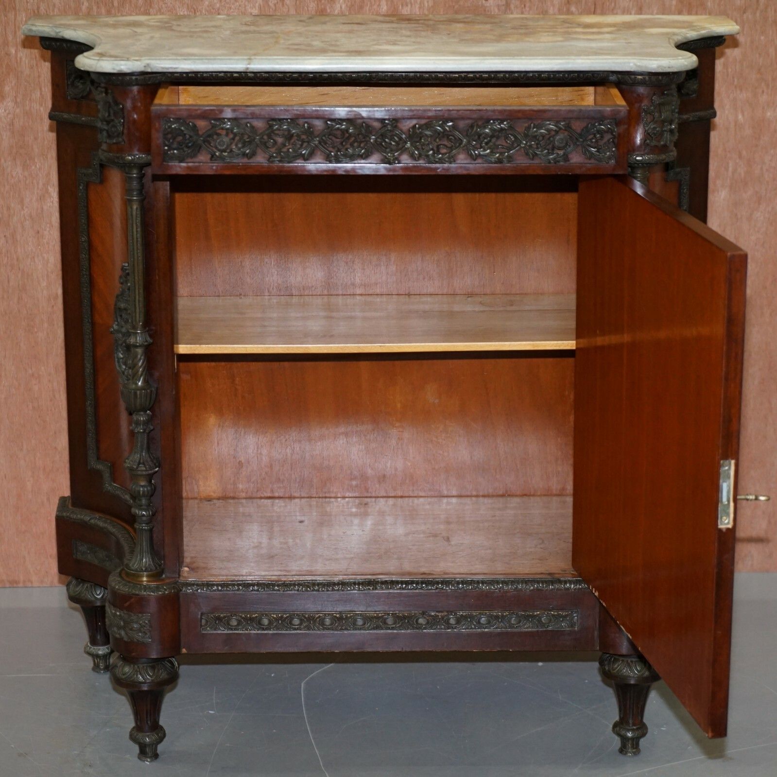 Furniture Rare 19th Century French Louis Walnut Sideboard Drawers Marble Top Bronze Mounts photo