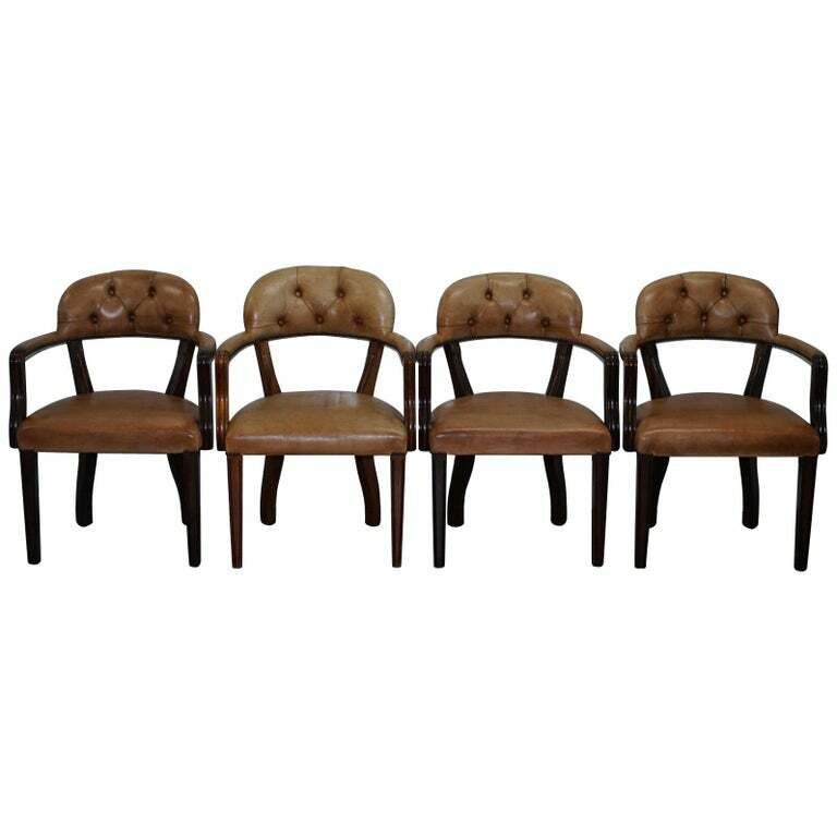 Four Rrp £9200 Brown Leather House Of Chesterfield Court Office Dining Chairs