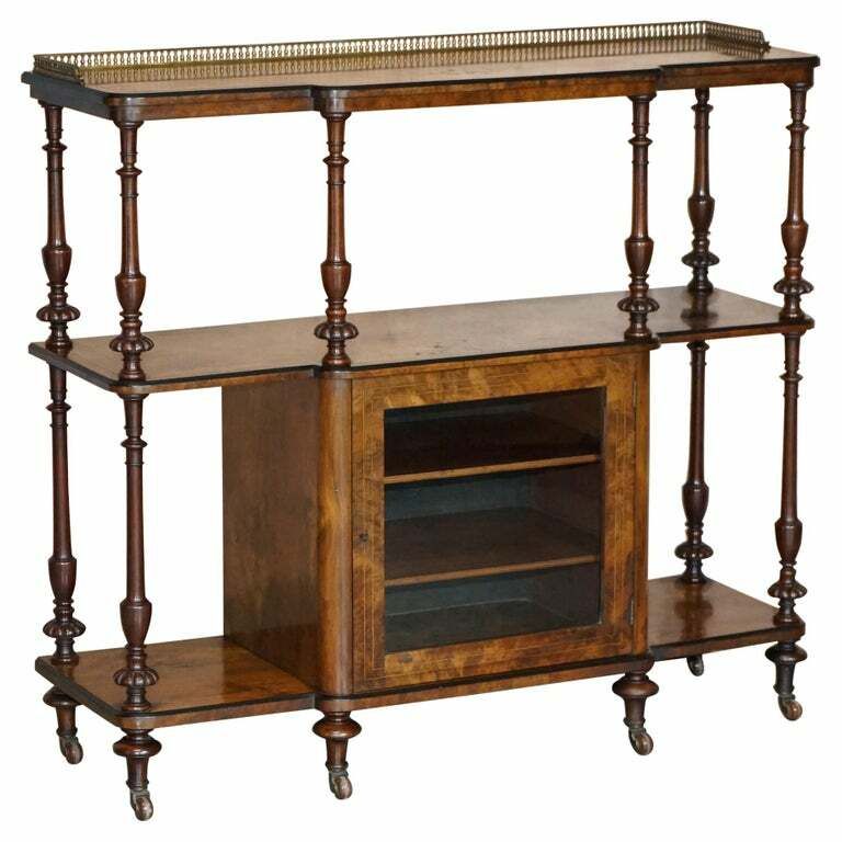 Fine Burr Walnut With Brass Gallery Rail Open Library Bookcase Etagere Whatnot