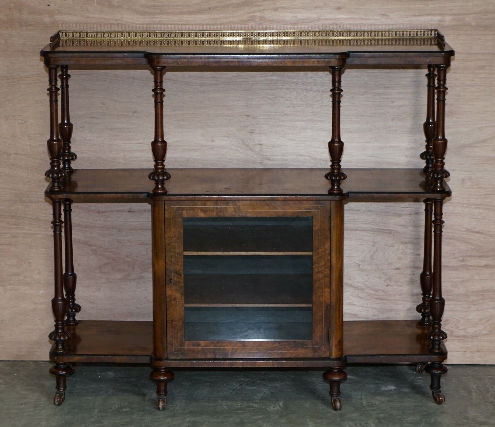 Fine Burr Walnut With Brass Gallery Rail Open Library Bookcase Etagere Whatnot photo furniture