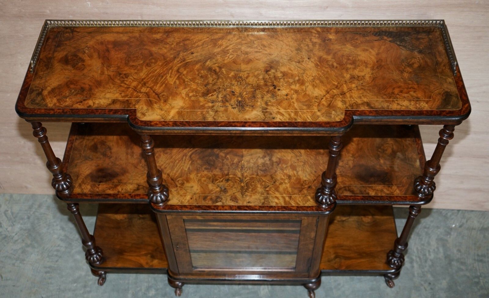 Fine Burr Walnut With Brass Gallery Rail Open Library Bookcase Etagere Whatnot photo for sale