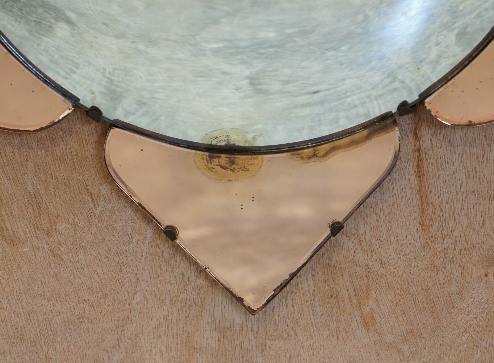 Sublime 1930's Convex Art Deco Peach Glass Bevelled Venetian Round Petal Mirror photo for sale